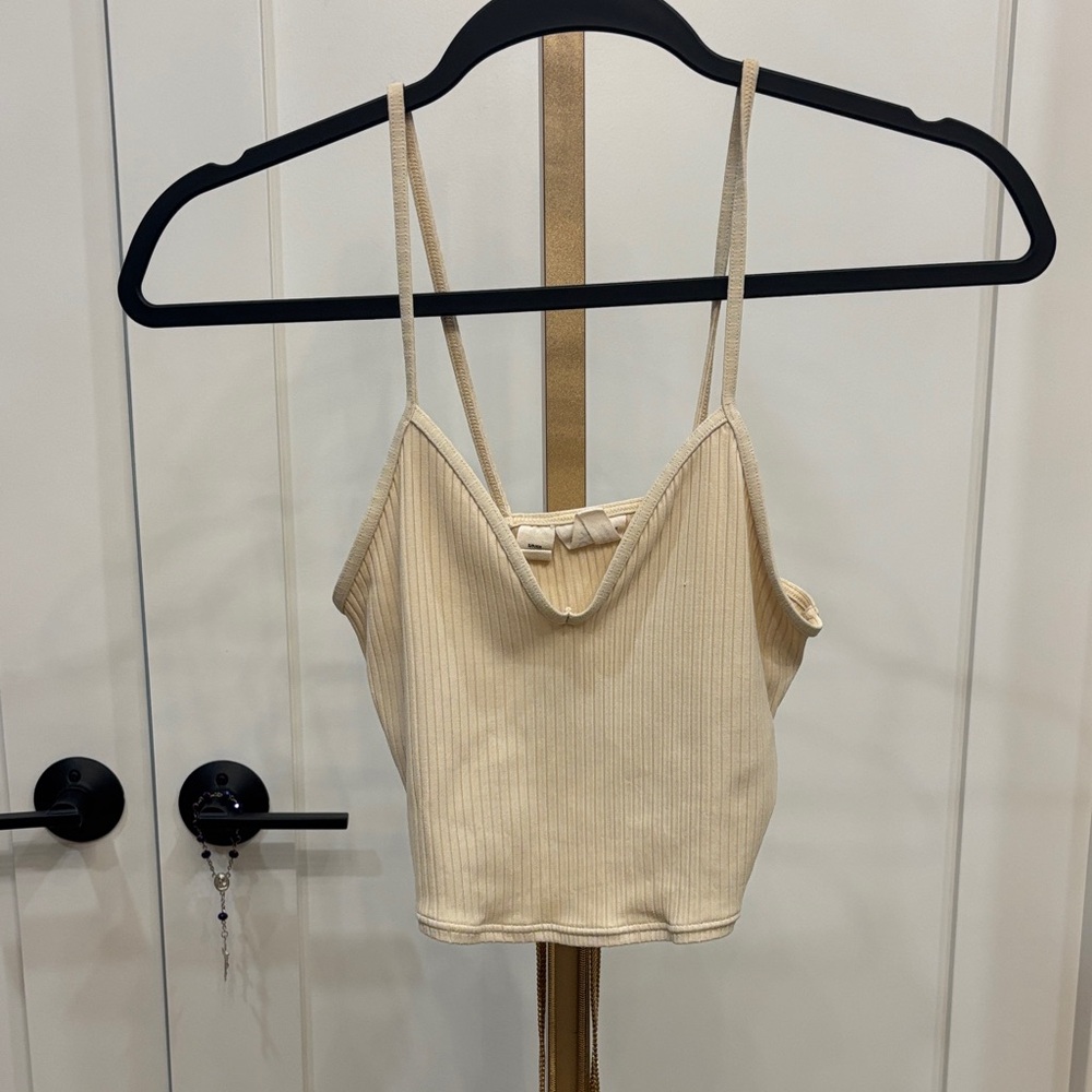 Cream Ribbed Women's V neck crop Top